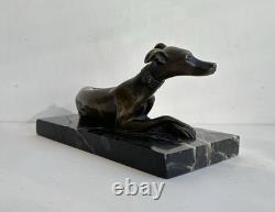 Ancienne statue en bronze animalière chien lévrier socle marbre art deco c. 1930