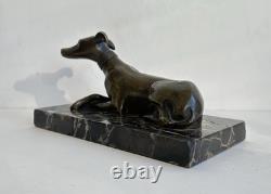 Ancienne statue en bronze animalière chien lévrier socle marbre art deco c. 1930