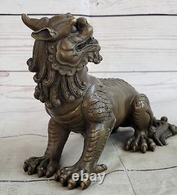 Antique Chinois Bronze Propices Foo Lion Chien Statue Fin Art Déco