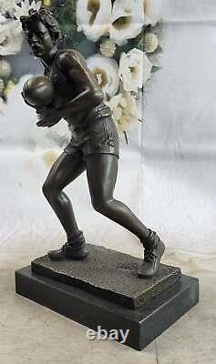 Art Déco 100% Bronze Marbre Sculpture Statue Figurine Rugby Foot Lecteur Décor