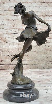 Art Déco Bronze Danseuse, Signée Cesaro Ouvre Sur Marbre Base Sculpture Figurine
