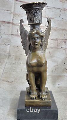 Art Déco Érotique Sphinx Bronze Bougeoir Bronze Sculpture Marbre Base Figurine