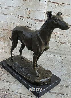 Art Déco Fonte Gris Chien Animal de Compagnie Bronze Sculpture Marbre Base