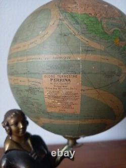 Art Deco Lampe Bronze Marbre Globe Terrestre Perrina Ancien