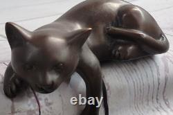 Art Déco Lion Signée Bronze Statue Figurine Cubiste Sauvage Chat Fonte Sculpture