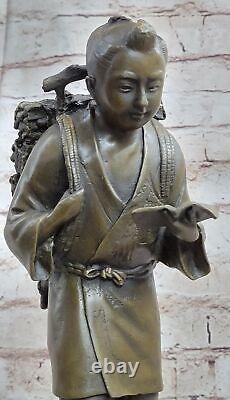 Art Déco Marbre Base Bronze Sculpture Statue Chinois École Garçon Fonte Figurine