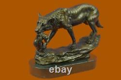 Art Déco Marbre Bronze Sculpture Statue Sauvage Loup Coyote Fonte Figurine Décor