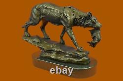 Art Déco Marbre Bronze Sculpture Statue Sauvage Loup Coyote Fonte Figurine Décor