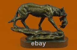 Art Déco Marbre Bronze Sculpture Statue Sauvage Loup Coyote Fonte Figurine Décor