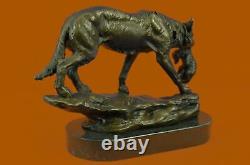 Art Déco Marbre Bronze Sculpture Statue Sauvage Loup Coyote Fonte Figurine Décor