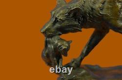 Art Déco Marbre Bronze Sculpture Statue Sauvage Loup Coyote Fonte Figurine Décor