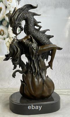 Art Déco Mythique Fantaisie Nymphe Et Dragon Bronze Sculpture Marbre Base Figure