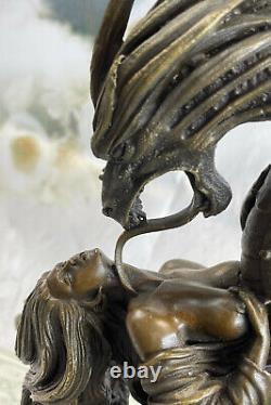 Art Déco Mythique Fantaisie Nymphe Et Dragon Bronze Sculpture Marbre Base Figure