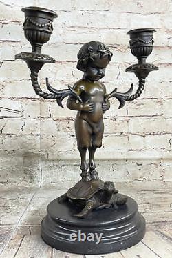 Art Déco Mythologie Satyre Debout Sur Tortue Bronze Sculpture Good Luck Cadeau