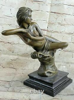 Art Déco Nu Érotique Nymphe Bronze Figurine Statue Marbre Sculpture