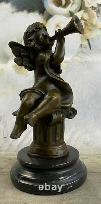 Art Déco Sculpture Jouer Musique Petit Ange Bronze Statue Européen Conçu Solde
