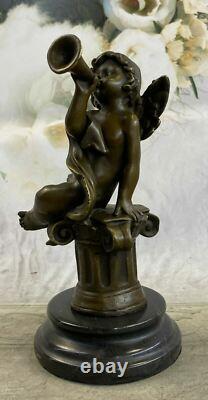 Art Déco Sculpture Jouer Musique Petit Ange Bronze Statue Européen Conçu Solde