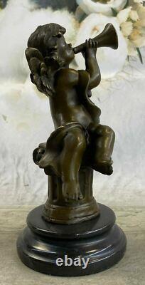 Art Déco Sculpture Jouer Musique Petit Ange Bronze Statue Européen Conçu Solde
