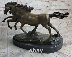 Art Déco Signée Original Deux Wild Stallion Cheval Bronze Trophée Figurine Ouvre