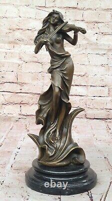 Art Déco Violon Lecteur Bronze Sculpture Signée Femelle Musicien Figurine Deco