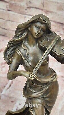 Art Déco Violon Lecteur Bronze Sculpture Signée Femelle Musicien Figurine Deco