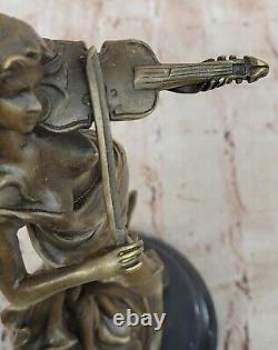 Art Déco Violon Lecteur Bronze Sculpture Signée Femelle Musicien Figurine Deco