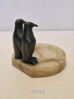 Art déco Signé Claude (Marcel Guillemard) Manchots bronze sur marbre 1930