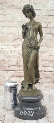 Auguste Moreau Fille Fleur Bronze Sculpture Art Déco Marbre Base Figurine Cadeau