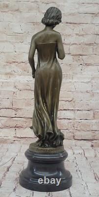 Auguste Moreau Fille Fleur Bronze Sculpture Art Déco Marbre Base Figurine Cadeau