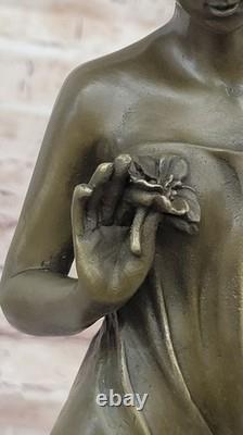 Auguste Moreau Fille Fleur Bronze Sculpture Art Déco Marbre Base Figurine Cadeau