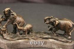 Belle Sculpture Statue En Bronze Art Déco D'Éléphants De Famille Marchant Faune