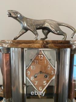 Belle et grande Pendule ART DÉCO / Panthère en bronze argenté / Adnet / 1930