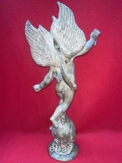 Bronze Ange Putto Ailé sur Globe Céleste Sculpture XXe Art Déco 43 cm