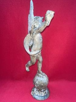 Bronze Ange Putto Ailé sur Globe Céleste Sculpture XXe Art Déco 43 cm