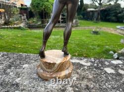 Bronze Art Déco danseuse nue à la lanterne signé Fugère socle onyx sculpture anc
