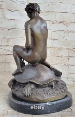 Bronze Sculpture Chair Garçon Avec Tortue Art Déco Figurine Statue Maison Deco