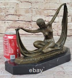 C. MIRVAL Statue En Bronze Art Déco Danseuse Sculpture Figurine Nue En Marbre