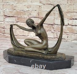 C. MIRVAL Statue En Bronze Art Déco Danseuse Sculpture Figurine Nue En Marbre