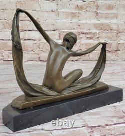 C. MIRVAL Statue En Bronze Art Déco Danseuse Sculpture Figurine Nue En Marbre
