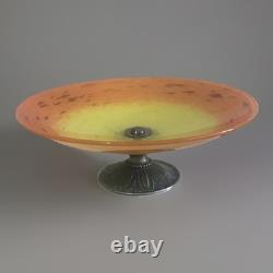 Coupe Schneider Art Déco sur pied bronze Verre marmoréen orange / jaune Signée