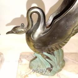 Cygnes Serre-livres Art-déco circa 1930 Métal double patine et Socle en Marbre
