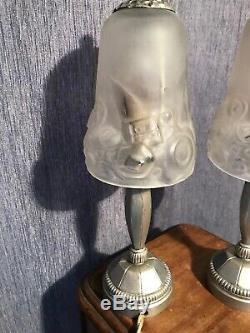 Deux Lampes Art Deco Signees Loti Nancy En Bronze Argente. Muller Degue Daum