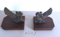 E. L ADNIN Paire de serre-livres Art Deco bronze figurant 2 colombes stylisées