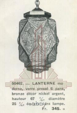 Ejg & Bev Lanterne Art Déco En Bronze Nickelé Et Verre Pressé Emaillé 1930