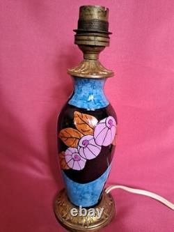 Elégant pied de lampe bleu ancien céramique et bronze décor fleur Art Déco rare