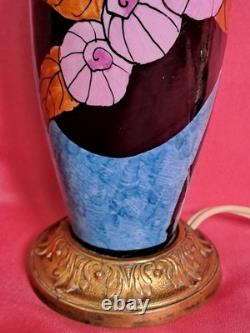 Elégant pied de lampe bleu ancien céramique et bronze décor fleur Art Déco rare