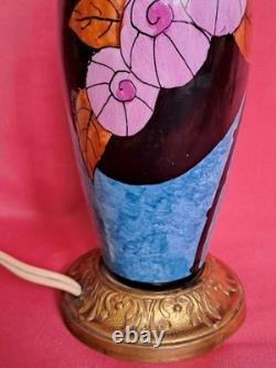 Elégant pied de lampe bleu ancien céramique et bronze décor fleur Art Déco rare