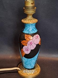 Elégant pied de lampe bleu ancien céramique et bronze décor fleur Art Déco rare
