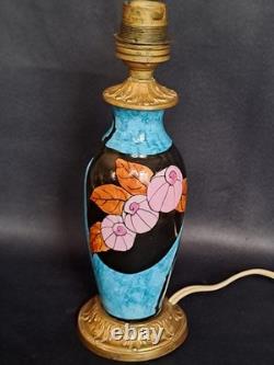 Elégant pied de lampe bleu ancien céramique et bronze décor fleur Art Déco rare