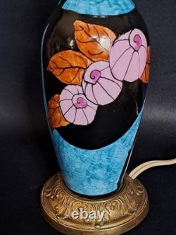 Elégant pied de lampe bleu ancien céramique et bronze décor fleur Art Déco rare